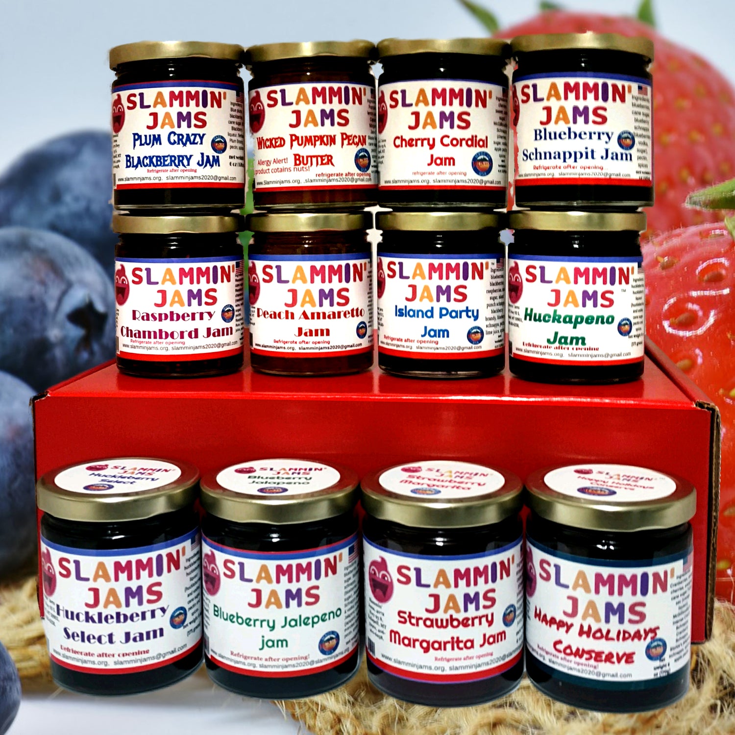 Gift box of 12 custom gourmet jams from Slammin' Jams of Kalispell, Montana